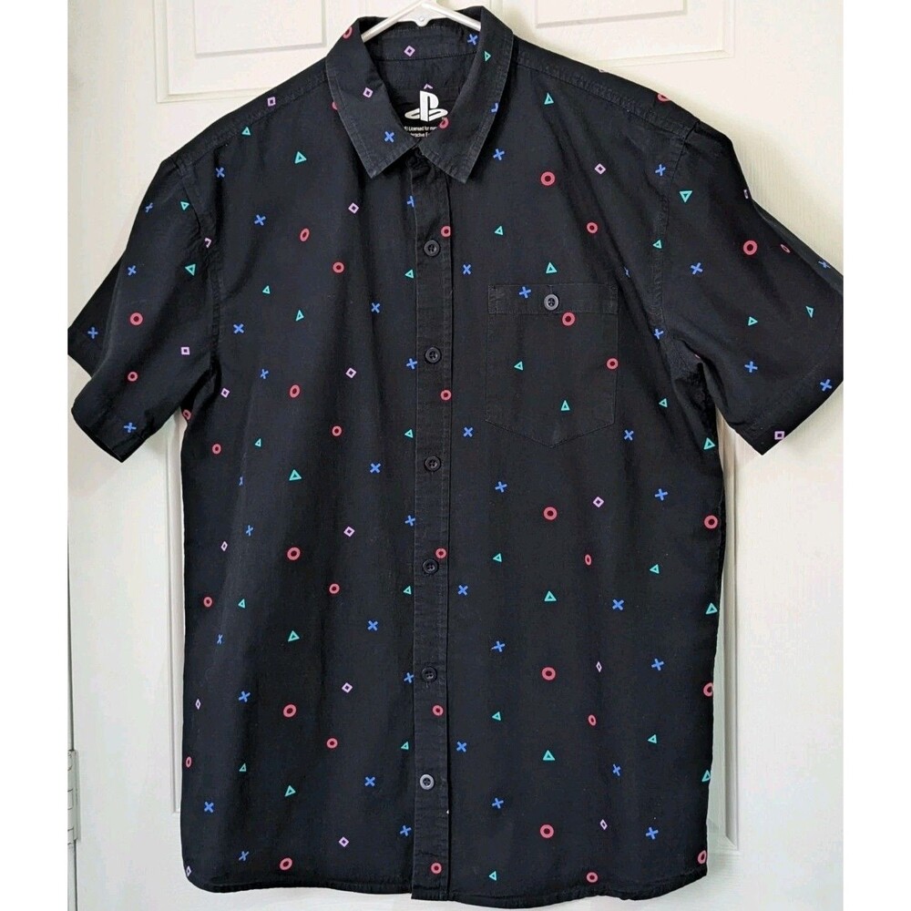 Sony Playstation Controller Icon Print Shirt Mens Large Black Woven Button Up
